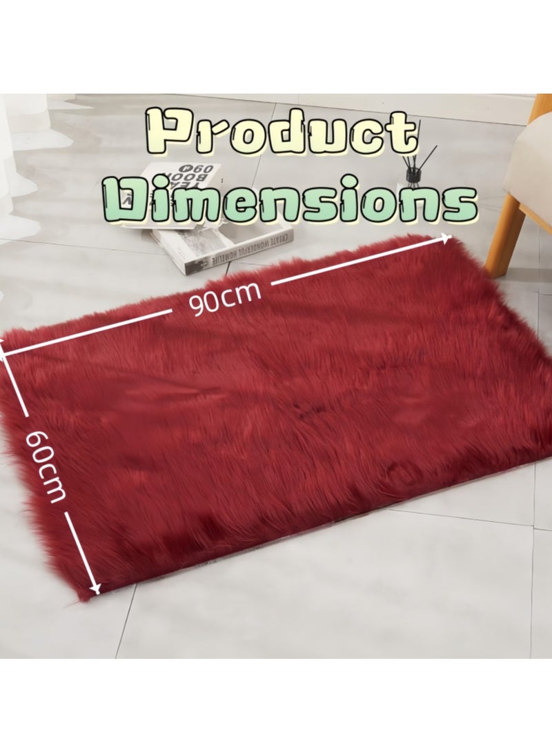 Ultra Soft Fluffy Rug, Burgundy Faux Sheepskin Fur Area Rug, Shaggy Couch Cover Seat Cushion Furry Carpet Beside Rugs for Bedroom Floor Sofa Living Room Runner, 60*90CM (Y2551) - Image 3